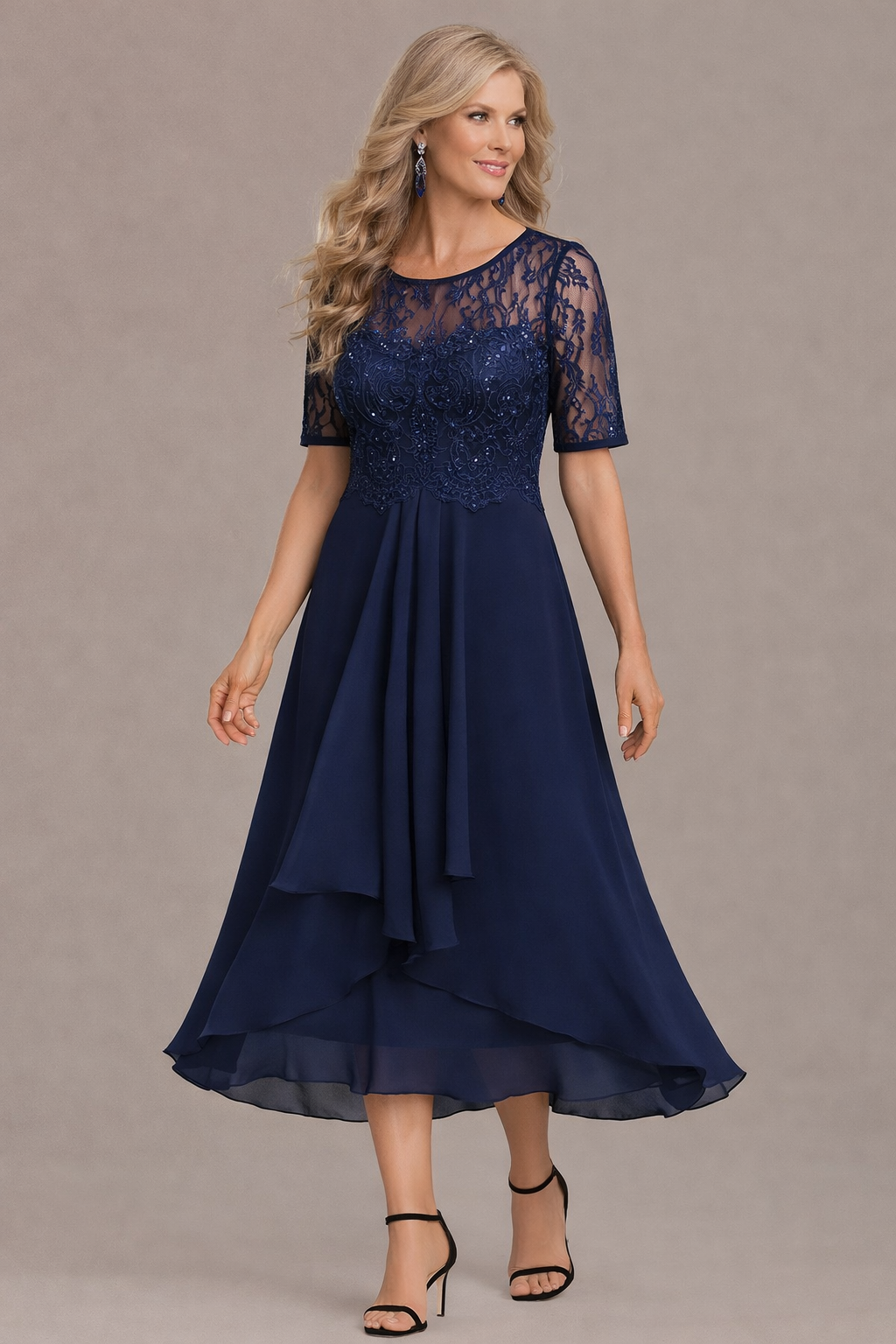 Sophie Elegant Lace Sleeve Round Neck Dress