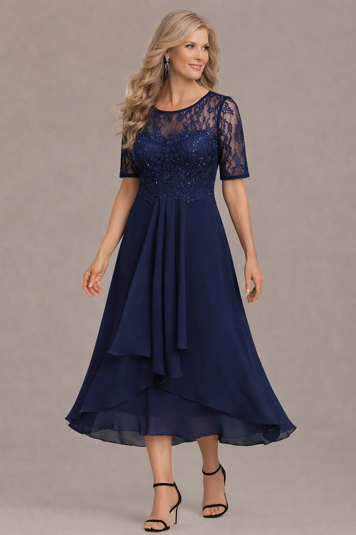 Sophie Elegant Lace Sleeve Round Neck Dress