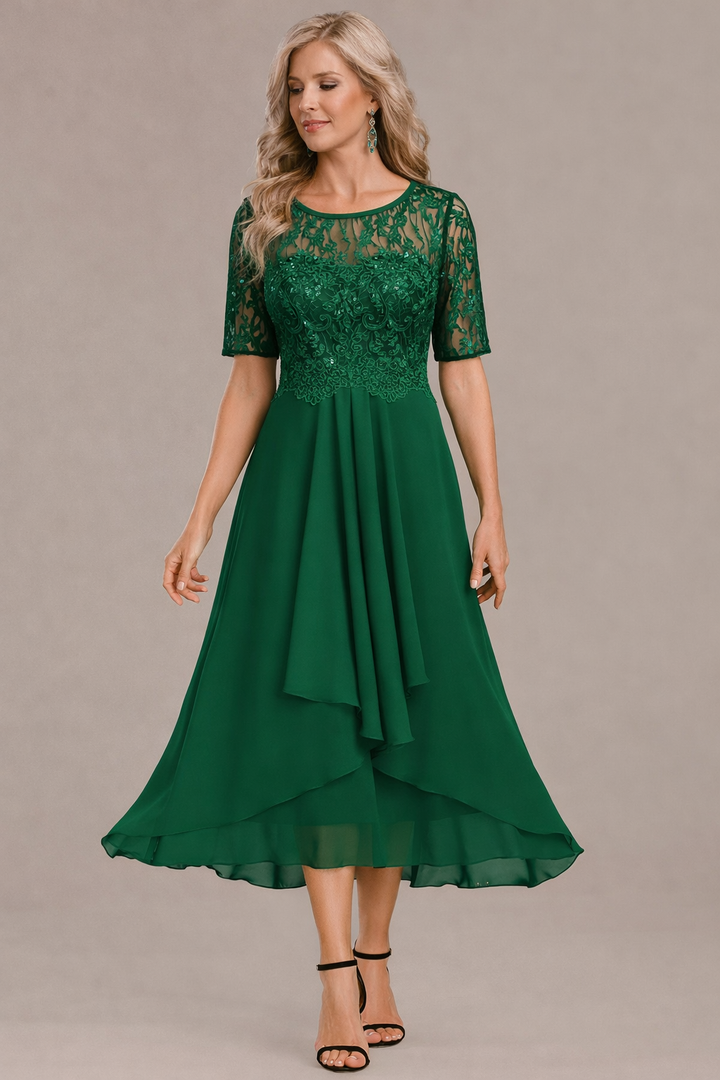 Sophie Elegant Lace Sleeve Round Neck Dress