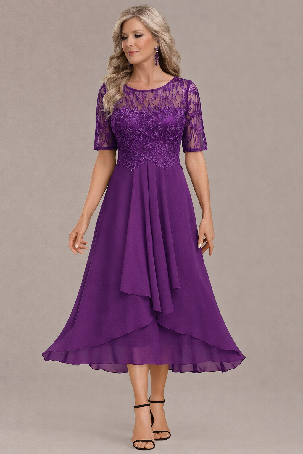 Sophie Elegant Lace Sleeve Round Neck Dress