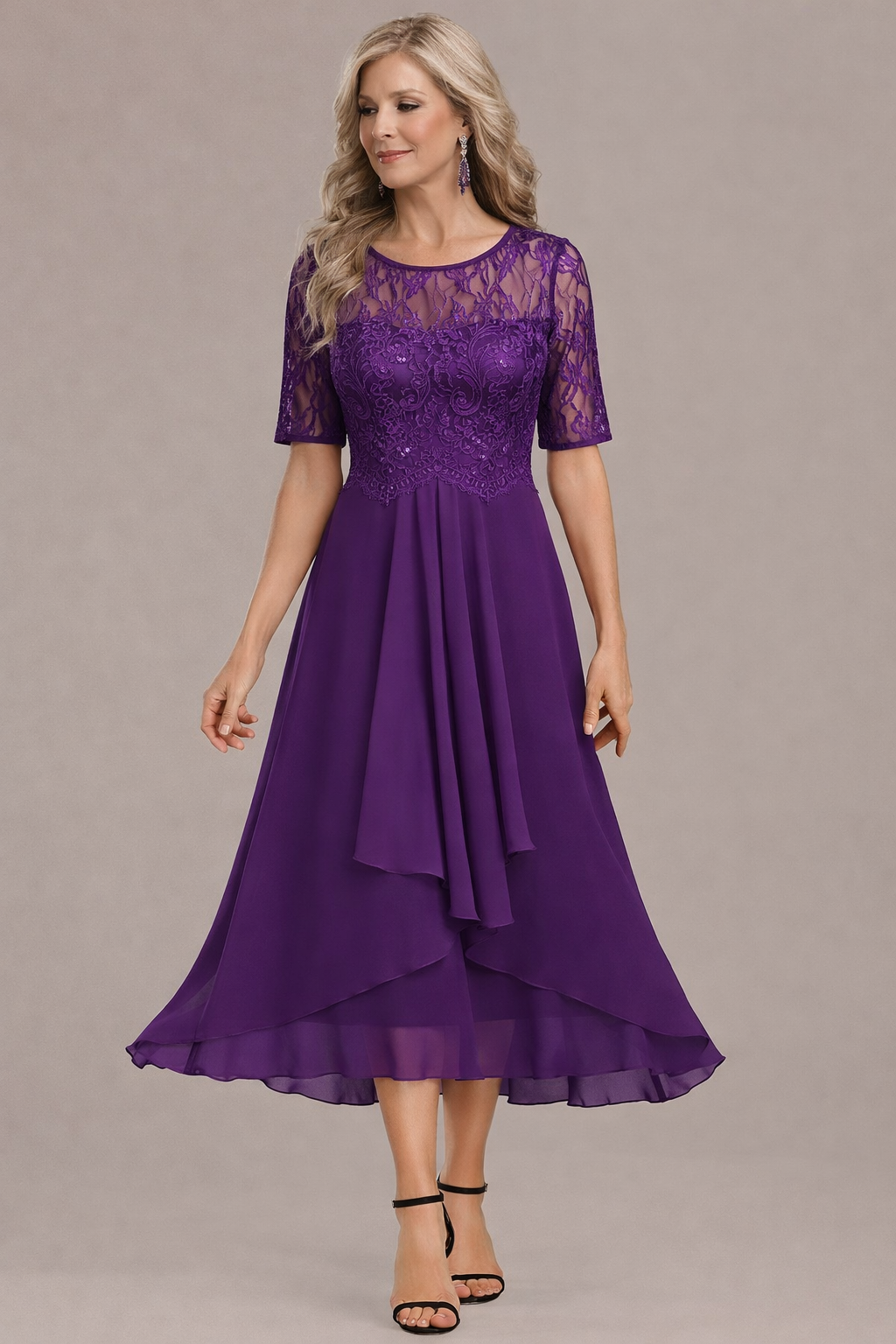 Sophie Elegant Lace Sleeve Round Neck Dress