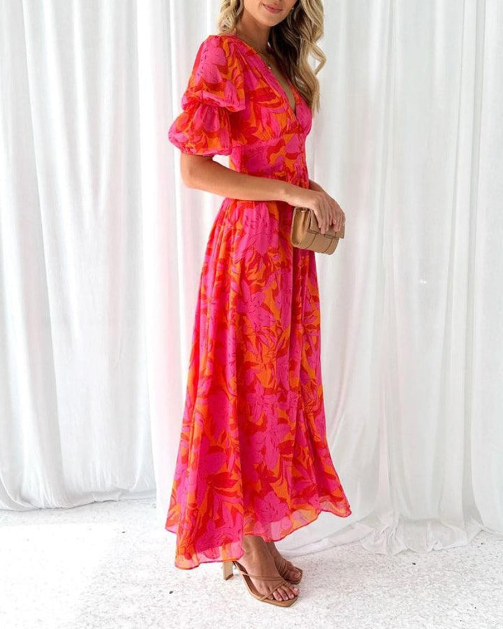 Clara Elegant V-Neck Puff Sleeve Maxi Dress